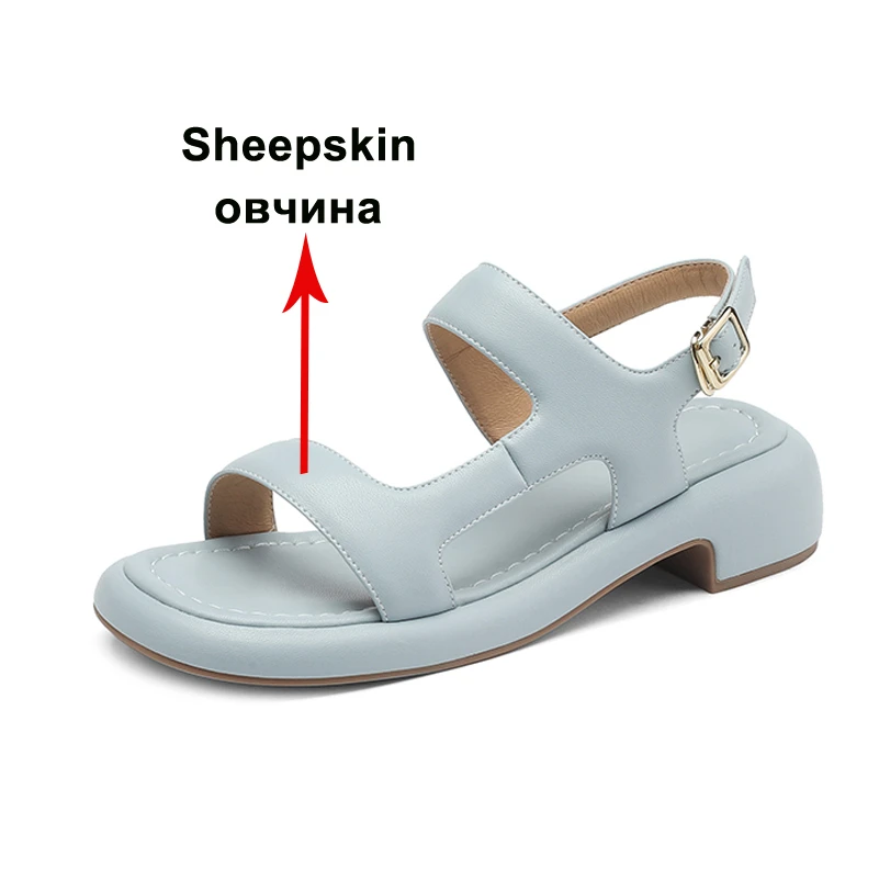 Meotina Women Genuine Leather Sandals Round Toe Platform Flats Sheepskin Buckle Concise Ladies Casual Shoes Summer Beige Blue