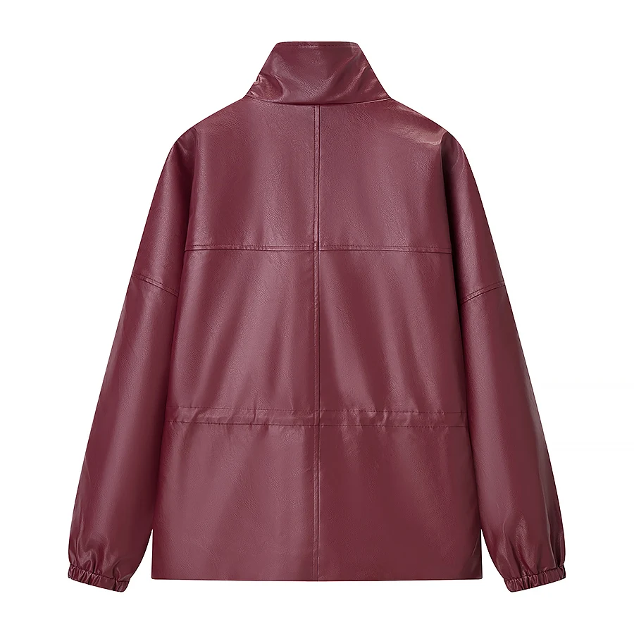 2025 herbst Langarm Stehen Kragen Tasche Mode Frauen Jacke Casual Leder Straße Windjacke Dunkelrote Leder Jacke
