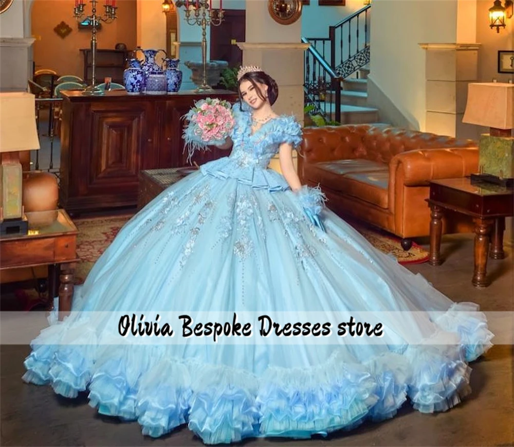 Engaging Blue Feathers Princess Quinceanera Dresses Beaded Lace Appliques Ruched Train Ball Gown With Gloves Birthday Dress