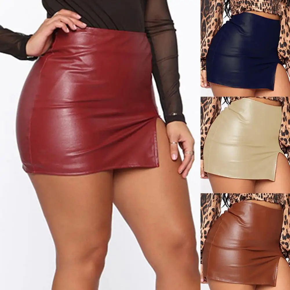 Stylish Short Skirt Faux Leather Women Skirt Slim Side Split Hem Short Skirt  Unique