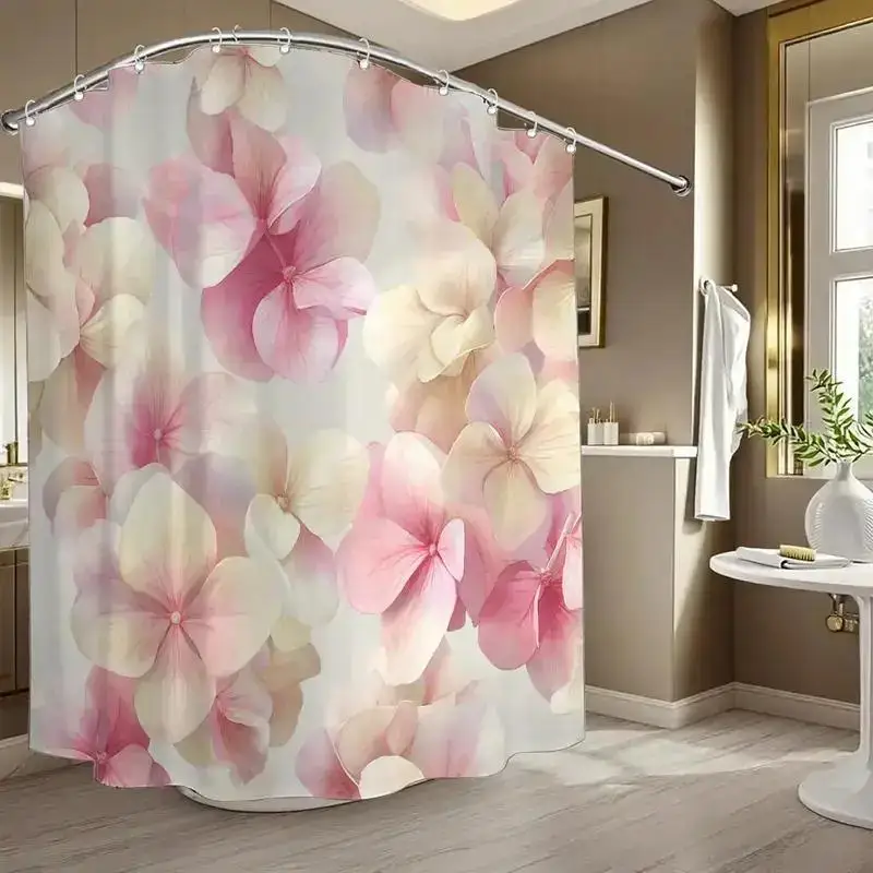Pink Hydrangea Flower Shower Curtain Machine Washable All Season Waterproof Privacy Protection Romantic Design Elegant 12hooks