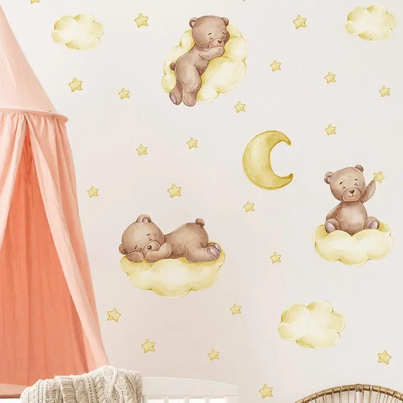 

Cartoon Blue Teddy Bear Moon Wall Stickers For Kids Room Baby Nursery Decor Bedroom Wall Decals