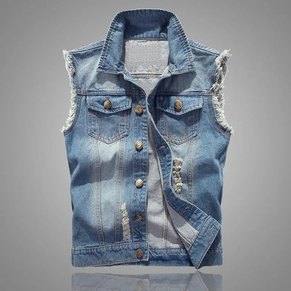 New Vintage Design Mens Denim Vests Sleeveless Jackets Men Ripped Hole Jean Waistcoats Clothing