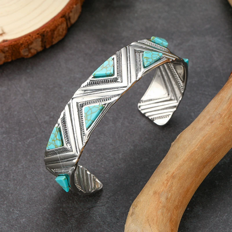 Vintage Boho Triangle Texture Bracelet for Women Men Luxury Imitation Turquoise Inlay Bangles Fashion Jewelry Party Gift