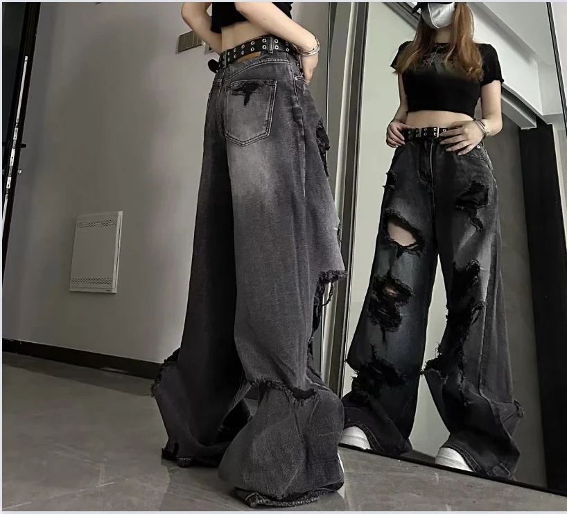 Vintage High Waist Denim Pants Ripped Jeans Women Fashion Loose Wide Leg Straight Pants Y2k Washed Streetwear Female