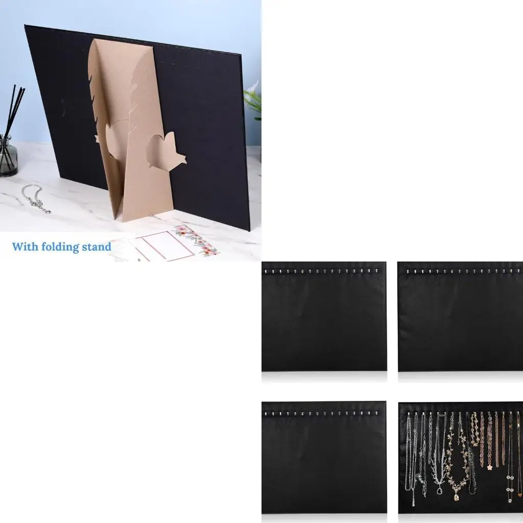   Set of 4 Black Jewelry Showcase Boards 17 Hooks Stand Sturdy Polyester Leather Wrap Suitable for Jewelry Easy Transport