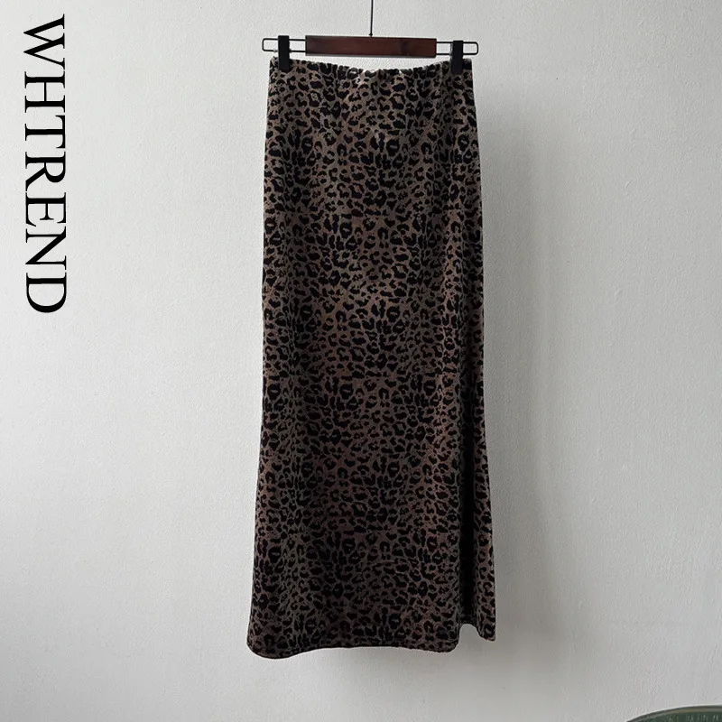 

WHTREND Leopard Velvet Skirt For Women Autumn Winter High Waist Slim Fit Bodycon A-line Long Skirts WH2019
