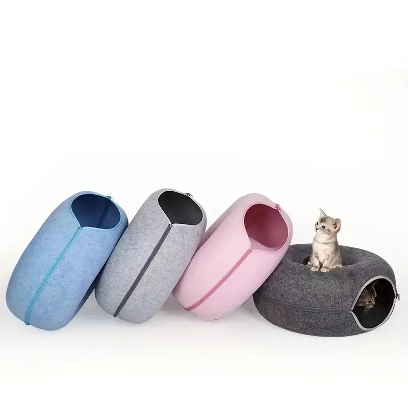 1pc Felt Tunnel Cat Nest With Kitten Window Cat Donut Tunnel Detachable Round Cat Bed All-season Cat Nest Washable Cat Bed