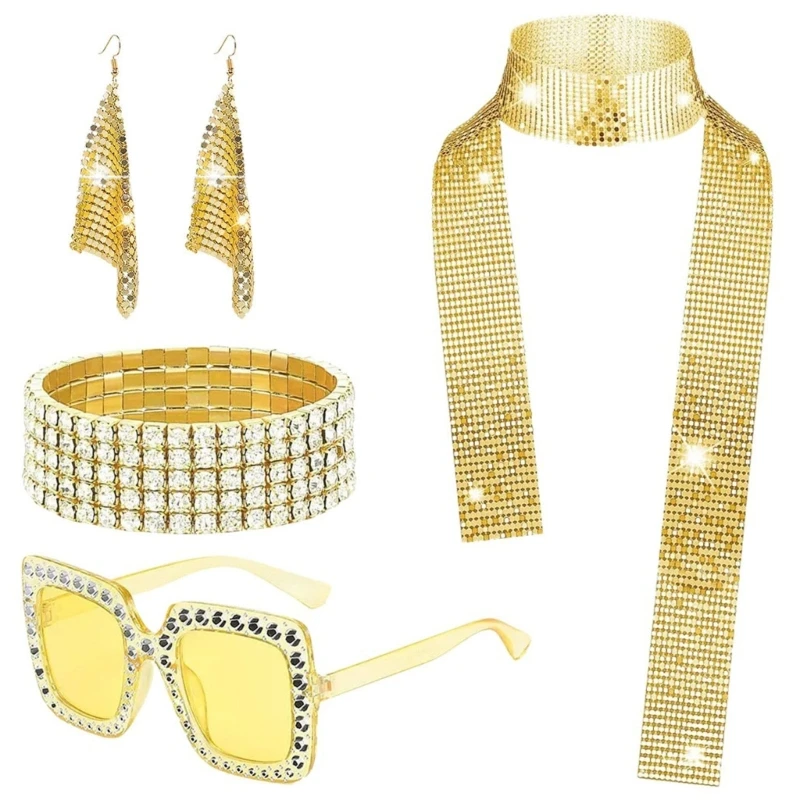 Women 1970s Accessories Bling Sunglasses Hat Long Scarf Earrings Bracelet