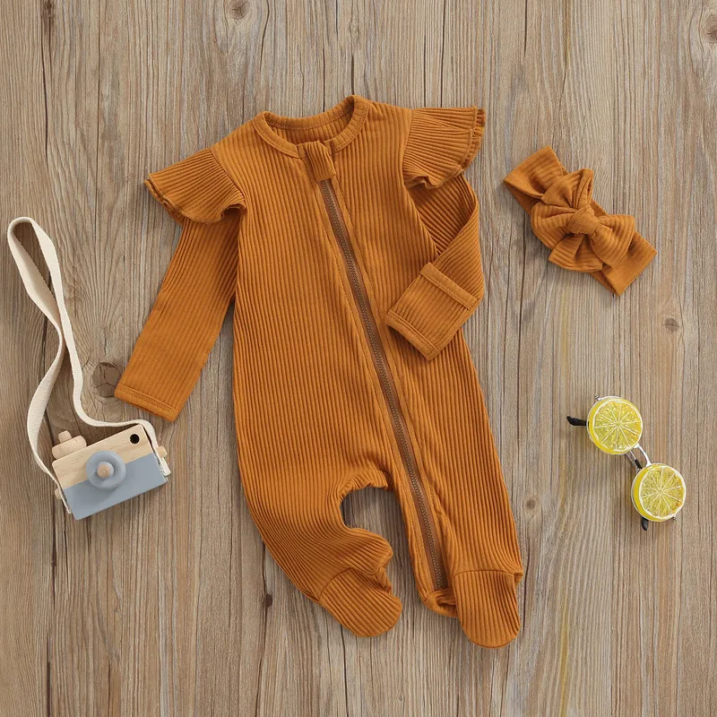 2Pcs Unisex Baby Fall Set, Solid Color Ribbed Long Sleeves Zip-Up Footed Romper + Hairband for Girls, Boys, 0-6 Months