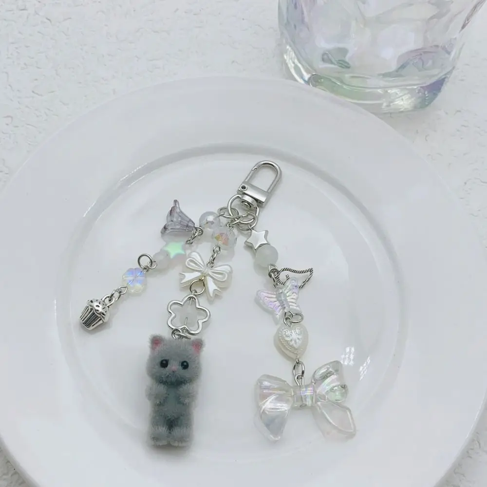 Creative Bowknot Flocking Cat Keychain Bead String Cartoon Critters Persian Cat Pendant Cute Ornaments Car Keyring Students