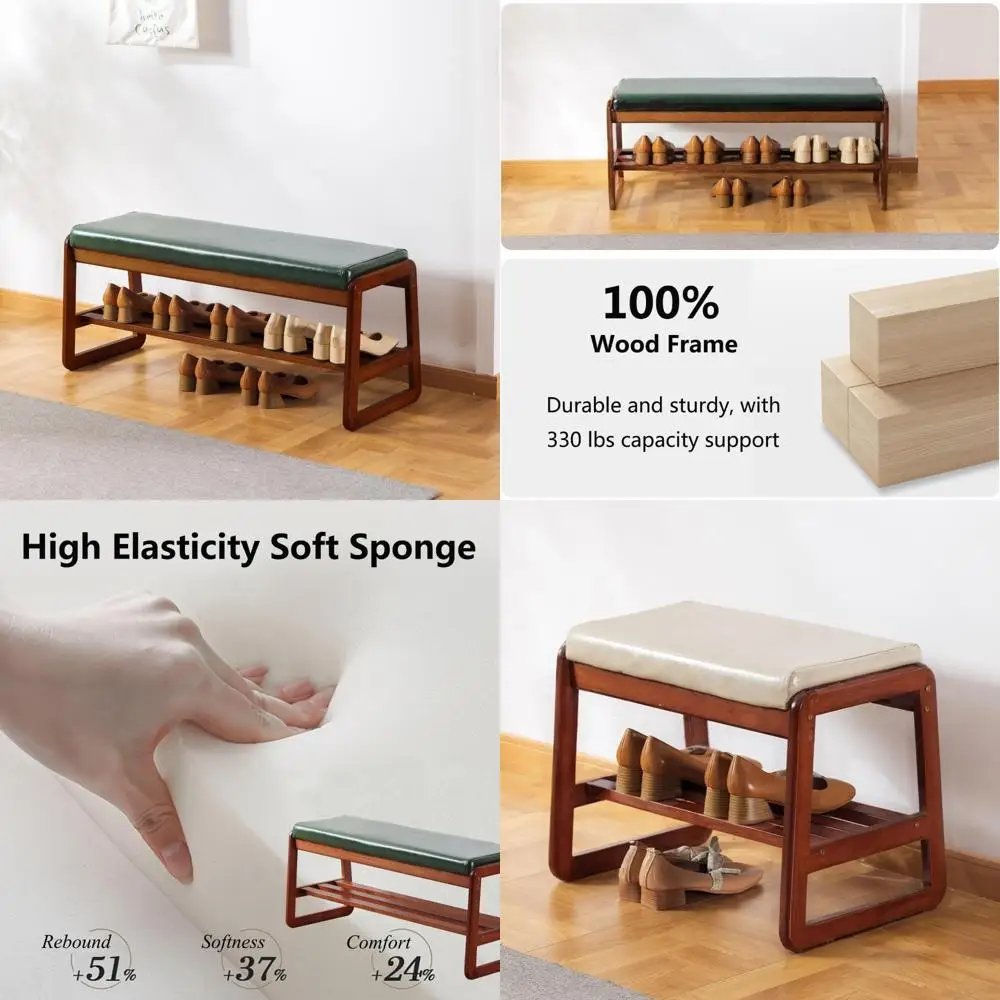 

Modern 2-Tier Solid Wood Shoe Bench with Faux Leather Cushion for Entryway and Living Room in Green