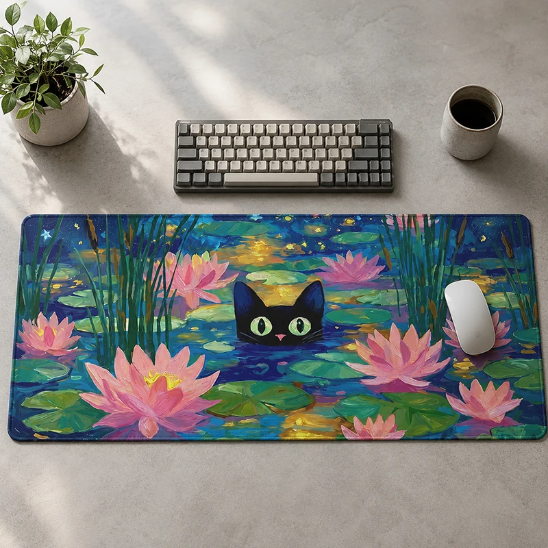 Mouse Pad Gaming Lotus And Black Cat printon demand Mousepad XXL keyboard pad Carpet Natural Rubber Non-Slip Desktop Mouse Pad