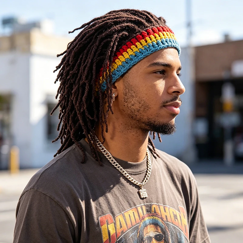 Lustige Häkel-Dreadlock-Perücke mit Regenbogen-Stirnband, Synthetikfaser für Reggae-Musikfestivals, Karnevalspartys & Cosplay – Detail 1