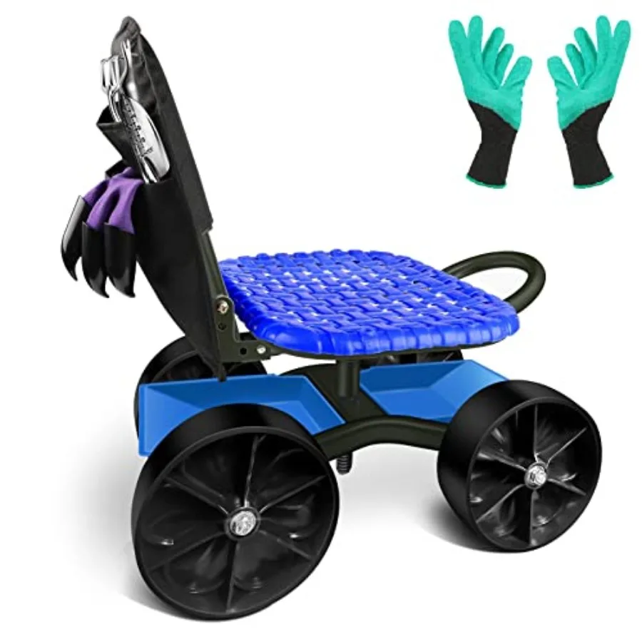 

Garden Cart Rolling Stool for outdoor gardening use, steel frame with black finish, stable four-wheel design with tool bag and