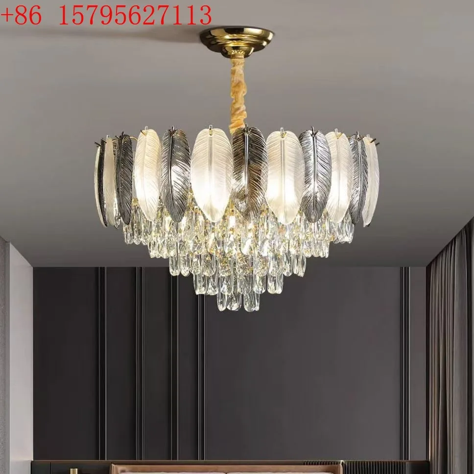 

Легкая роскошная хрустальная лампа для гостиной, светильник для спальни, высококачественная винтажная люстра для ресторана с перьями