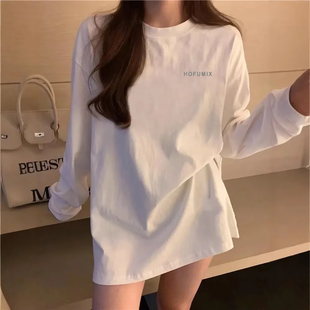 

HOFUMIX Белая женская футболка с длинным рукавом, свободного кроя, базовая, для ношения под одеждой, универсальный модный топ для студентов