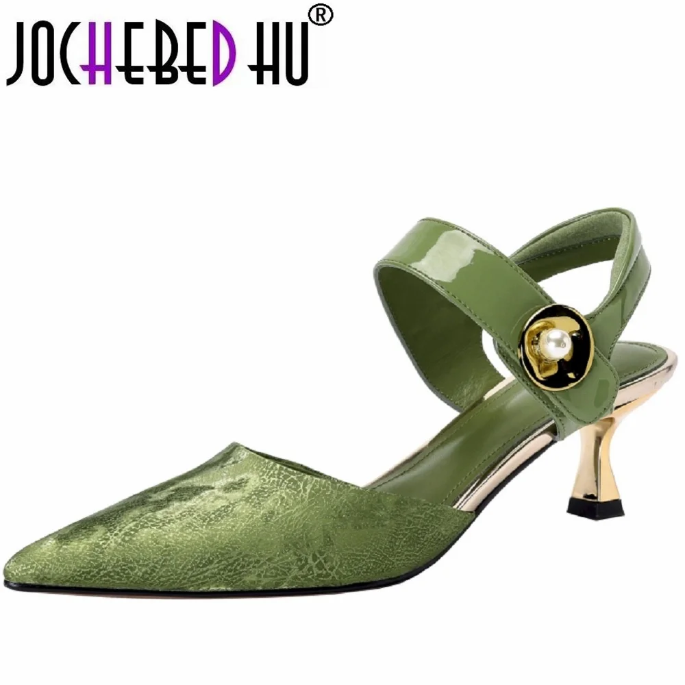 【JOCHEBED HU】Thin High Heels Women's Summer Leather Pumps Pointed Toe Closed-toe Design Fashion Party Elegant Sandals 34-40