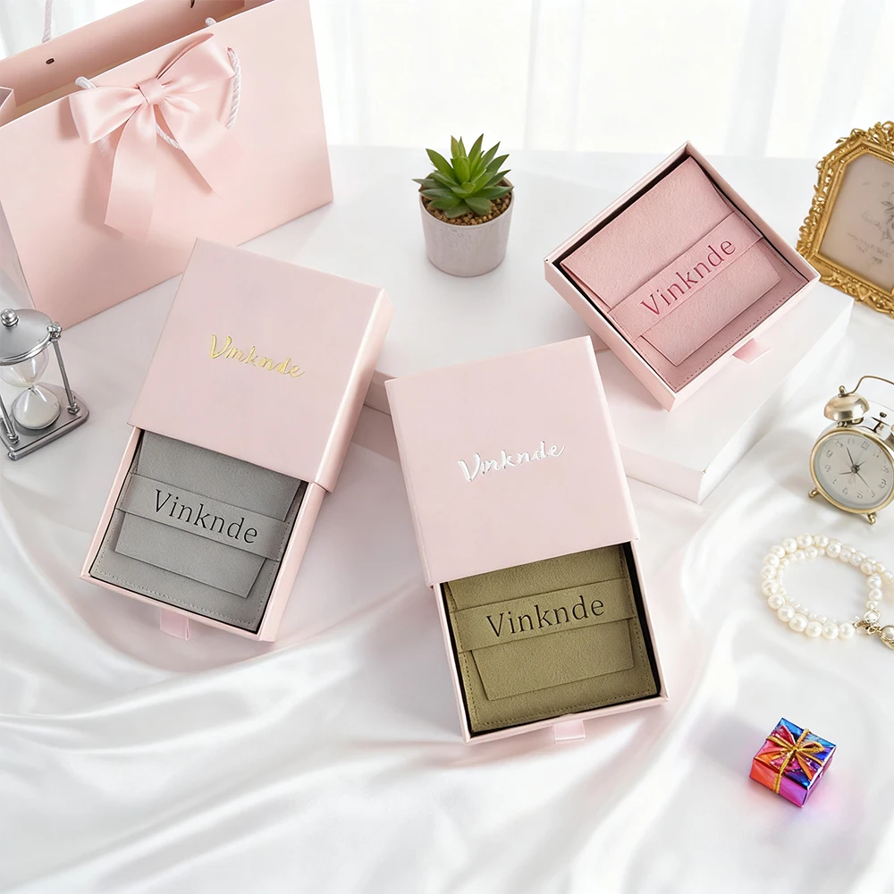 

Custom Logo Jewelry Drawer Box Ring Necklace Bracelet Earring Set Boxes Bag Cardboard Jewellry Case With Microfiber Gift Pouches