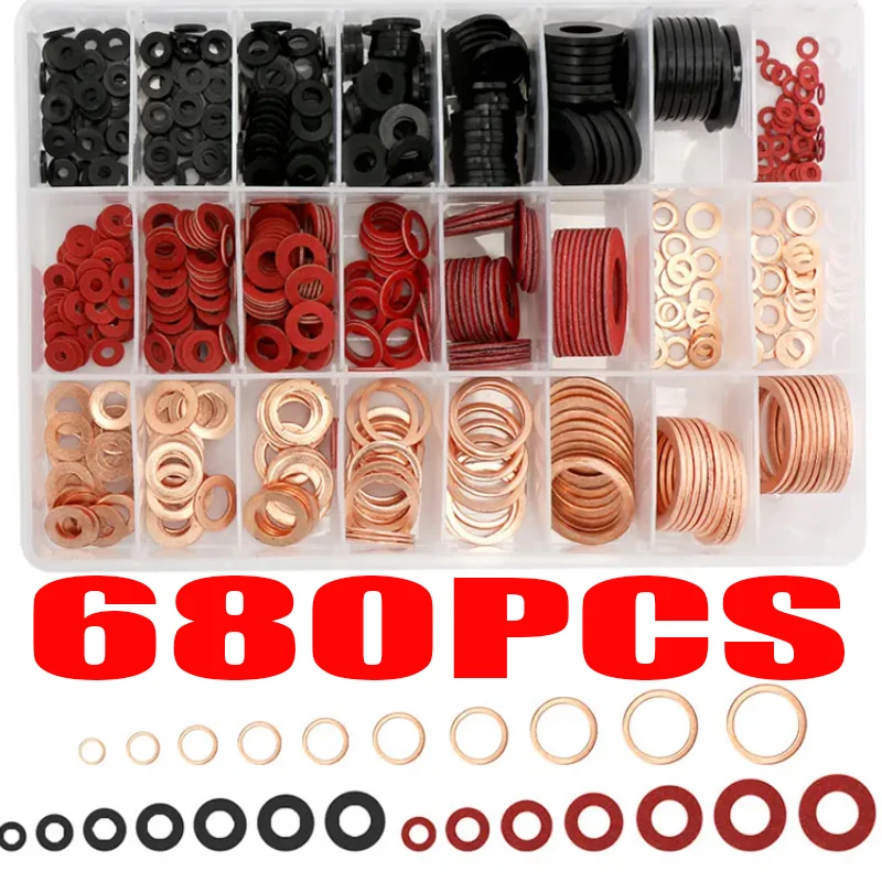 

680PCS Copper Washers Nylon Washers Red Paper Fibre Washers Gasket Kit M4/M5/M6/M8/M10/M14/M16 M18 M20 M222For Sump Plugs Washer