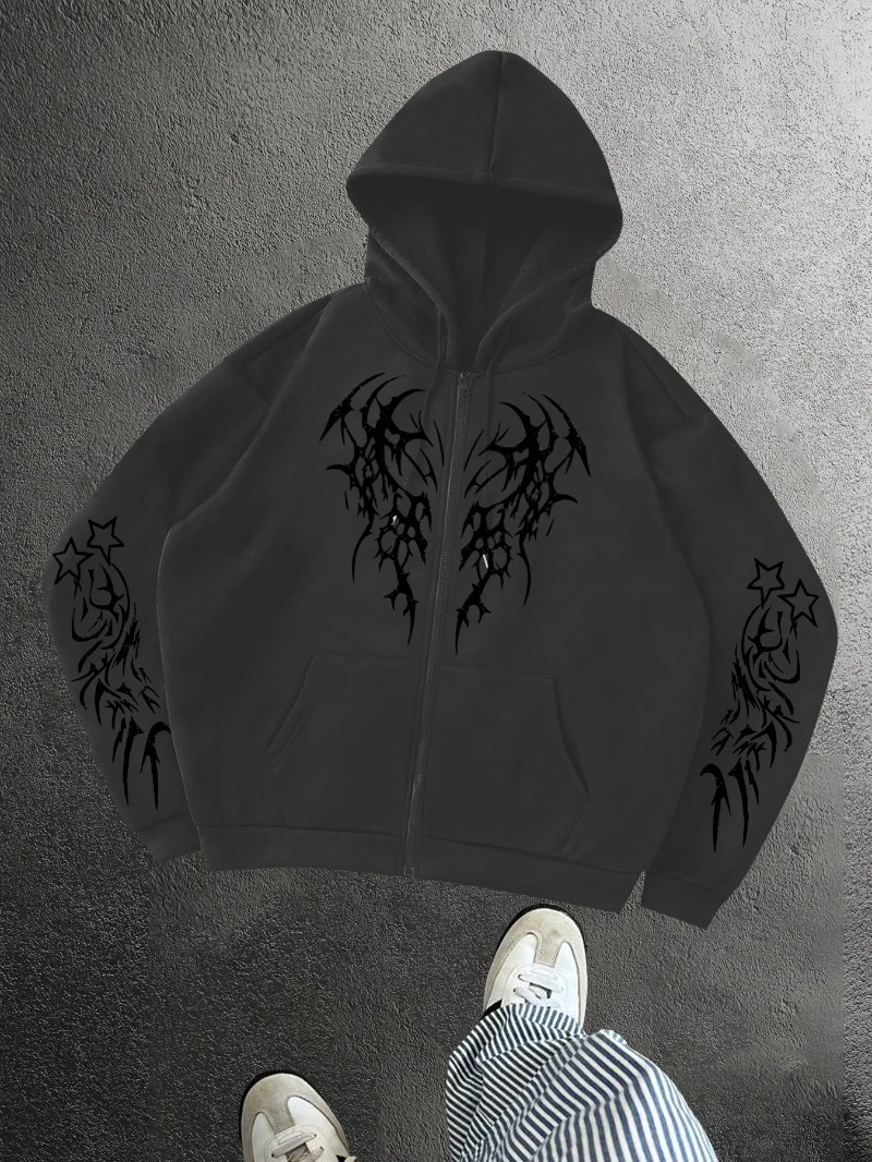 هوديي رجالي على الطراز القوطي البانك - تصميم بسحاب كامل على طراز الشارع للرجال والنساء لخريف وشتاء دافئ ومريح