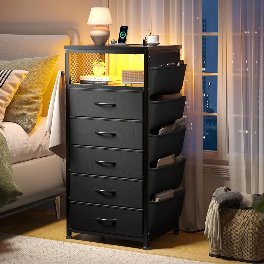 

Tall Night Stand with 5 Drawers, LED Nightstand with Ports & Outlets, Bedside Table with Extra Side Bag & Storage Shelf & Hooks,