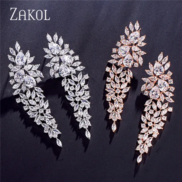 ZAKOL Vintage Luxury Teardrop Zircon Drop Earrings for Women Bling Leaf Crystal Earring Wedding Party Fashion Jewelry