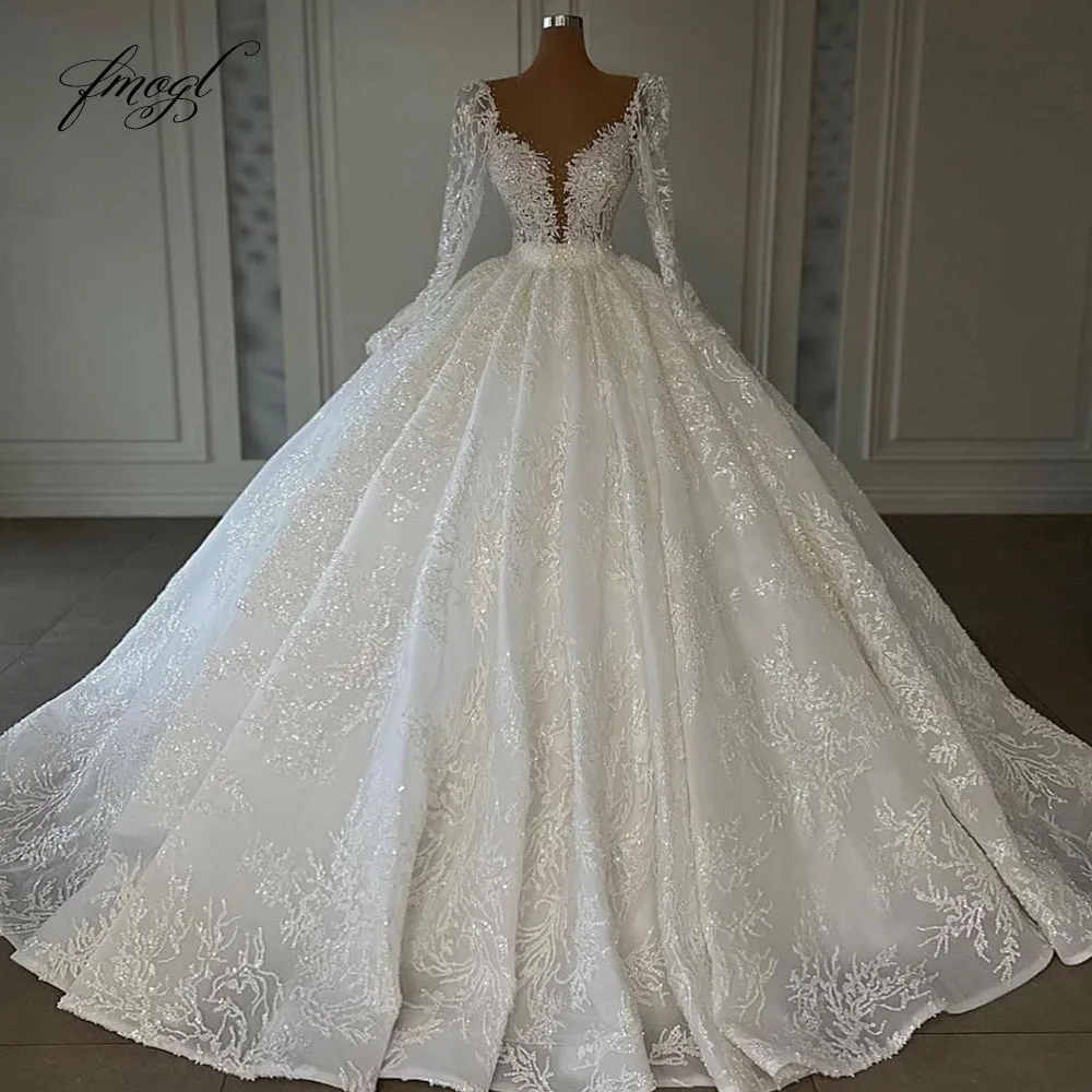 

Customized Scalloped Long Sleeve A-Line Wedding Dresses Lace Beaded Sequined Princess Vestido De Novia Luxury Bridal Gowns