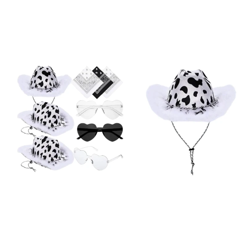

9set/pack Cow Print Cowboy Hat Adult Banquet Photo Props Outdoor Carnival Cowboy Hat with Heart Sunglasses+Kerchief