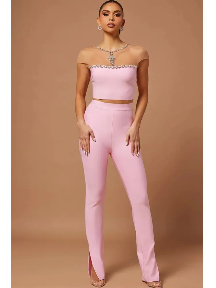 Women Pink Bandage Two Piece Sets Mesh Crystal Patchwork Crop Top and Skinny Pants High Street Stylish Party Outfits