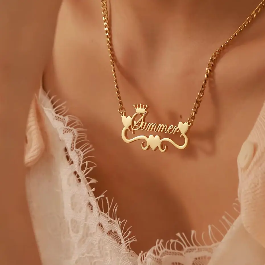 

Ожерелье с именем в форме сердца на заказ, ожерелье с подвеской в виде короны из нержавеющей стали, персонализированная табличка с именем, женские ювелирные изделия, подарок