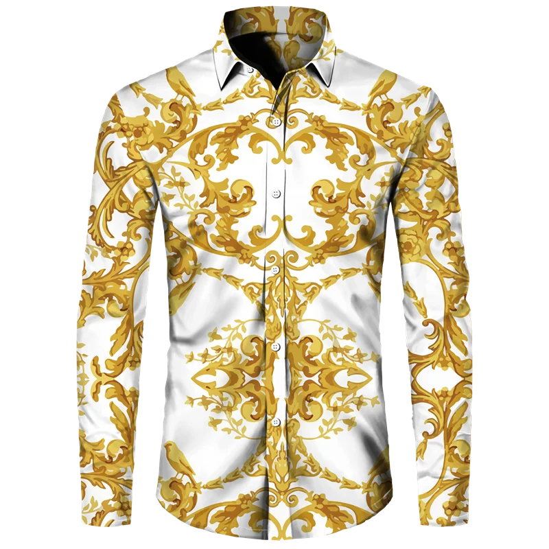 Golden Flower Pattern Print Men\'s Shirts Casual Single-Breasted Cardigan Long Sleeve Shirt Fashion Trend Tops Men Clothing