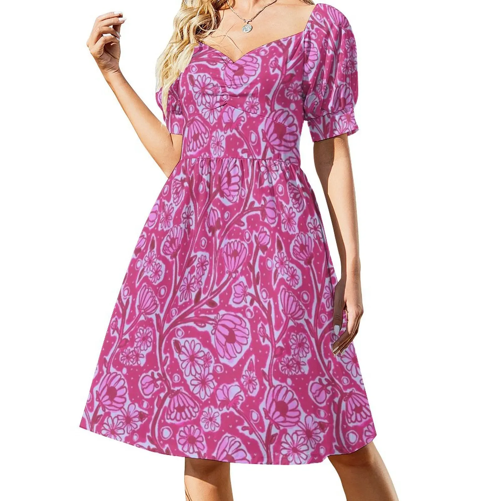Fleurs de crayon de printemps dessinées à la main |   Robe décontractée de Style coréen rose sur rose pour femmes, robes de bureau simples au quotidien, Crayon