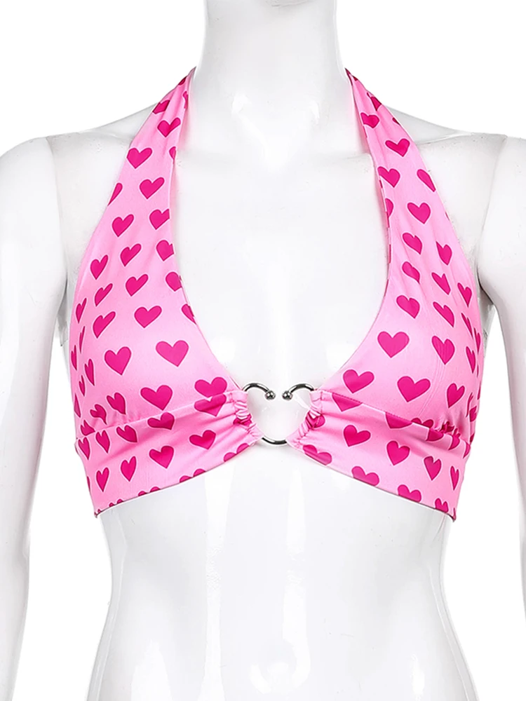 Pink Heart Print Cute Bustier Crop Top Women Aesthetic Kawaii Clothes Sleeveless Backless Lace Up Bralette Camisole