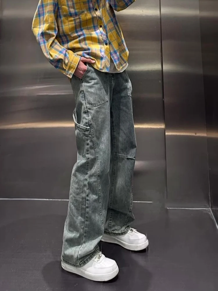 

Blue Thiened Autumn Winter Men's Workwear Jeans Slanted Cut Straight Leg Micro Flared Pants Youth Faion Street Sle