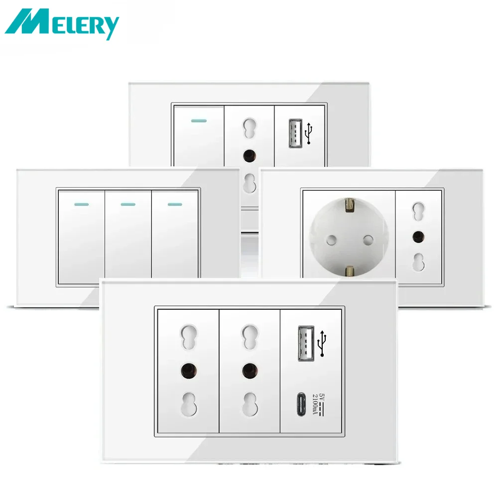Melery Italy - Enchufes de Pared con Interruptor, USB Tipo C, Enchufe Chileno, Tomas de Corriente de 16 A, Enchufe Europeo Italiano, Panel de Vidrio Templado, para el Hogar y la Oficina