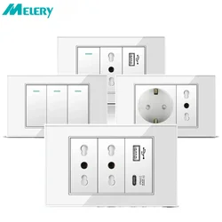 Melery Italy Switch Wall Sockets USB Type-C Chile Plug 16A Outlets Italian EU Power Socket Tempered Glass Panel Home Office