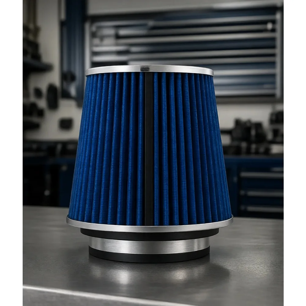 

Universal Clamp On Round Tapered Air Filter High Performance Washable 3 3.5 4 Inch Inlet 6.7 Inch Height Blue