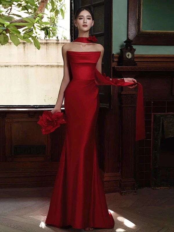 

Длинное вечернее платье Deep Bury из сатина для женщин, элитное, для свадеб, банкетов, церемоний, корейский стиль, на молнии