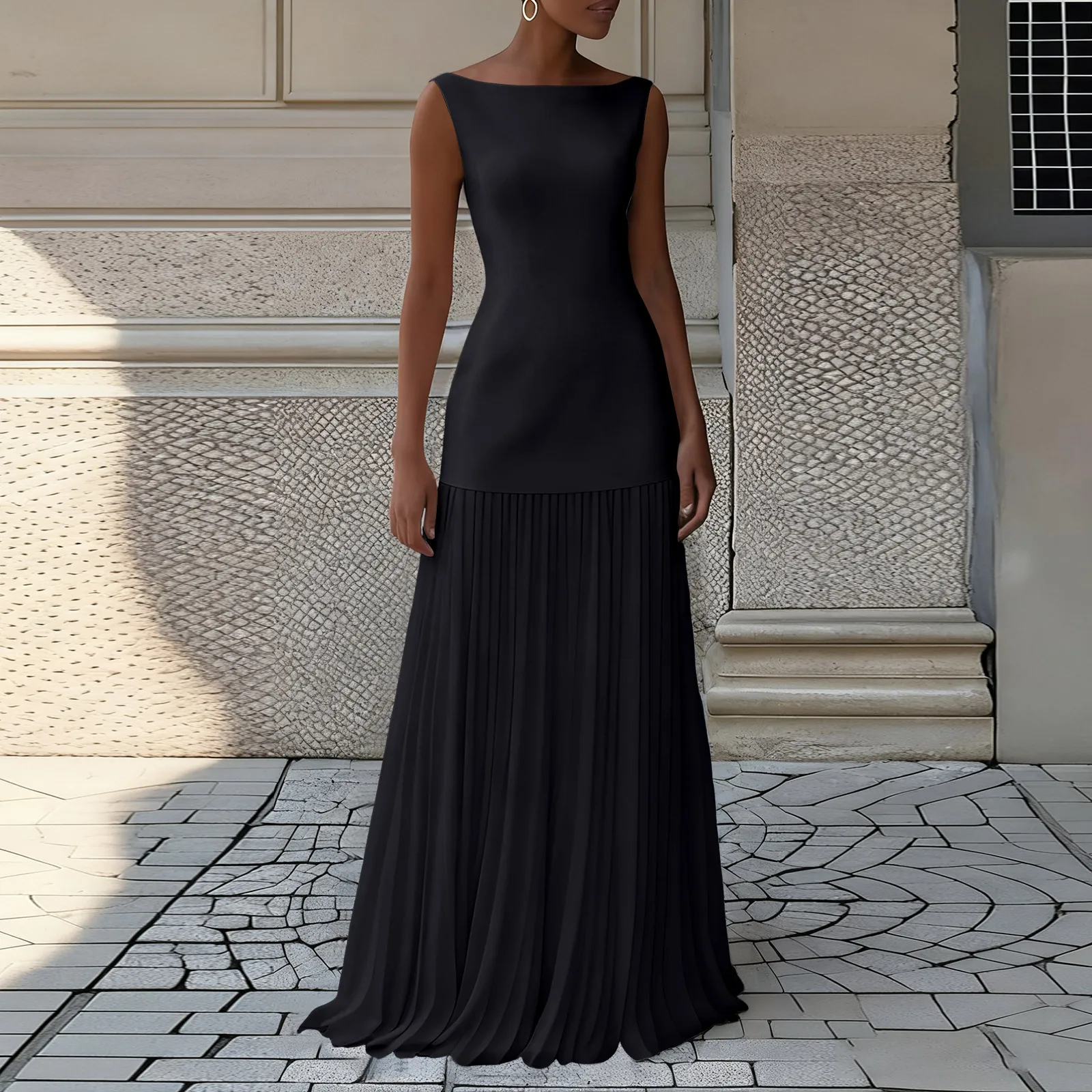 Vrouwen Mouwloze Slash Hals Losse Solid Party 2025, Zomerjurken Vakantie A-lijn Gewaad Geplooid Patchwork Elegante Lange Jurk