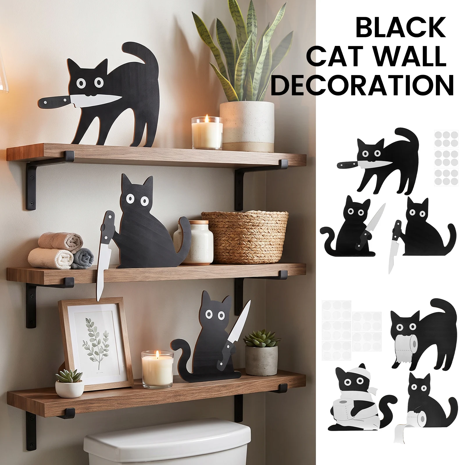 3Pcs Creative Funny Black Cat Wall Decor Wooden Cat Shaped Wall Art Pendant with Adhesive Dot for Home Bedroom Living Room Decor