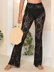 Calça feminina de renda pura, cintura alta, calça flare para ver através, malha boho, calça floral sino, moda praia