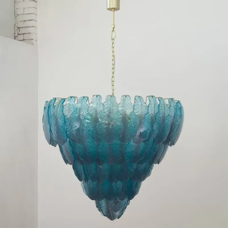Unique Large Leaf Chandelier Blue Art Murano Glass Vintage Style Design Ceiling Lamp