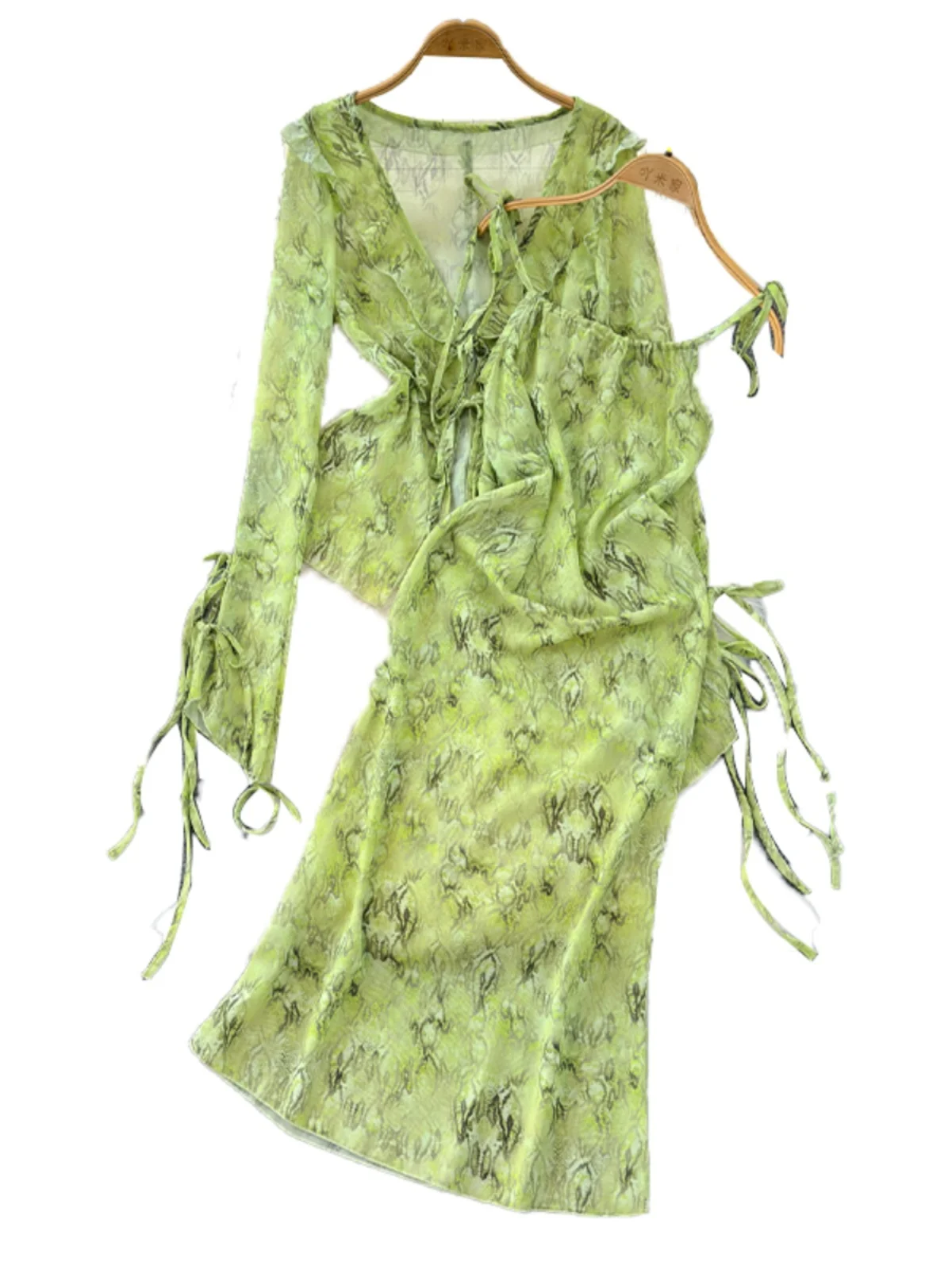 Ele Summer V-Ne Long Sve Wrap Dr Set Женский пляжный комплект из двух предметов с завязками на талии Юбка с подтягивающим кроем
