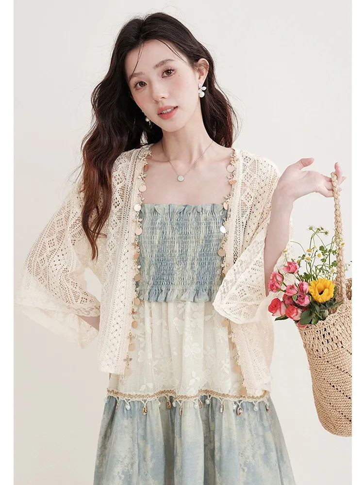 Fairy Sweet Summer Hollow Out Lace Cardigan New All Match Sequin Design Shirts French Vaction Style Tops