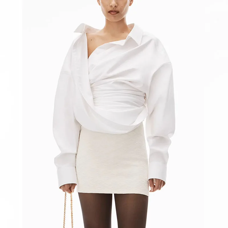 HKSH 2025 Spring New Women Niche Design Irregular Cross Off Shoulder Tops Design High Sense Long Sleeve Shirt Chic Shirts HK4303