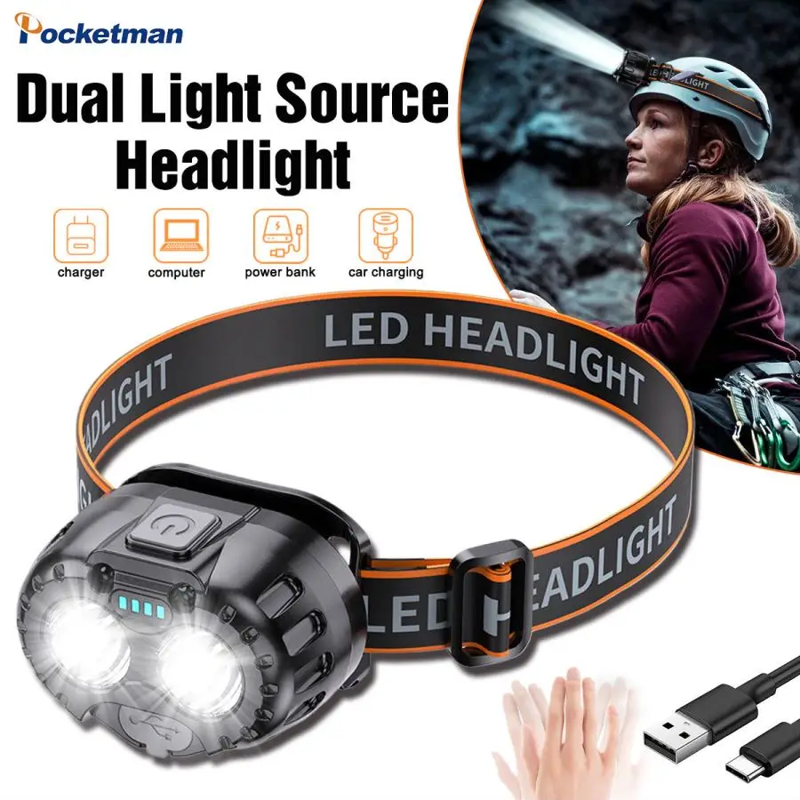 

Smart Motion Sensor LED Headlamp High Power Rechargeable Headlight Outdoor Waterproof Head Lamp Built-in Battery Powered