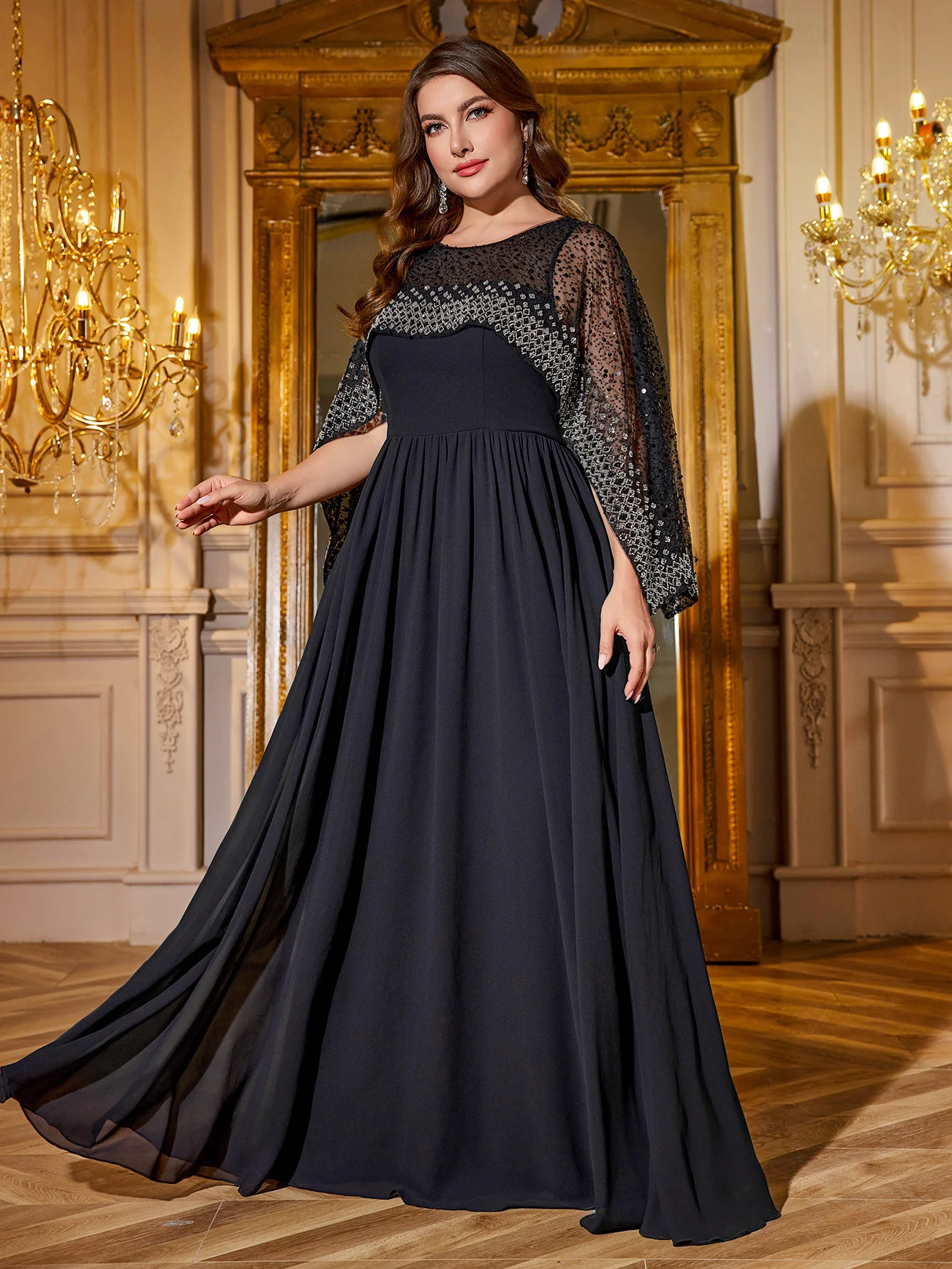 

UNITHORSE Plus Women's Elegant Round-Neck Cape Sleeve Chiffon Patchwork Mesh Fabric High Workmanship Beaded Sequin Dress