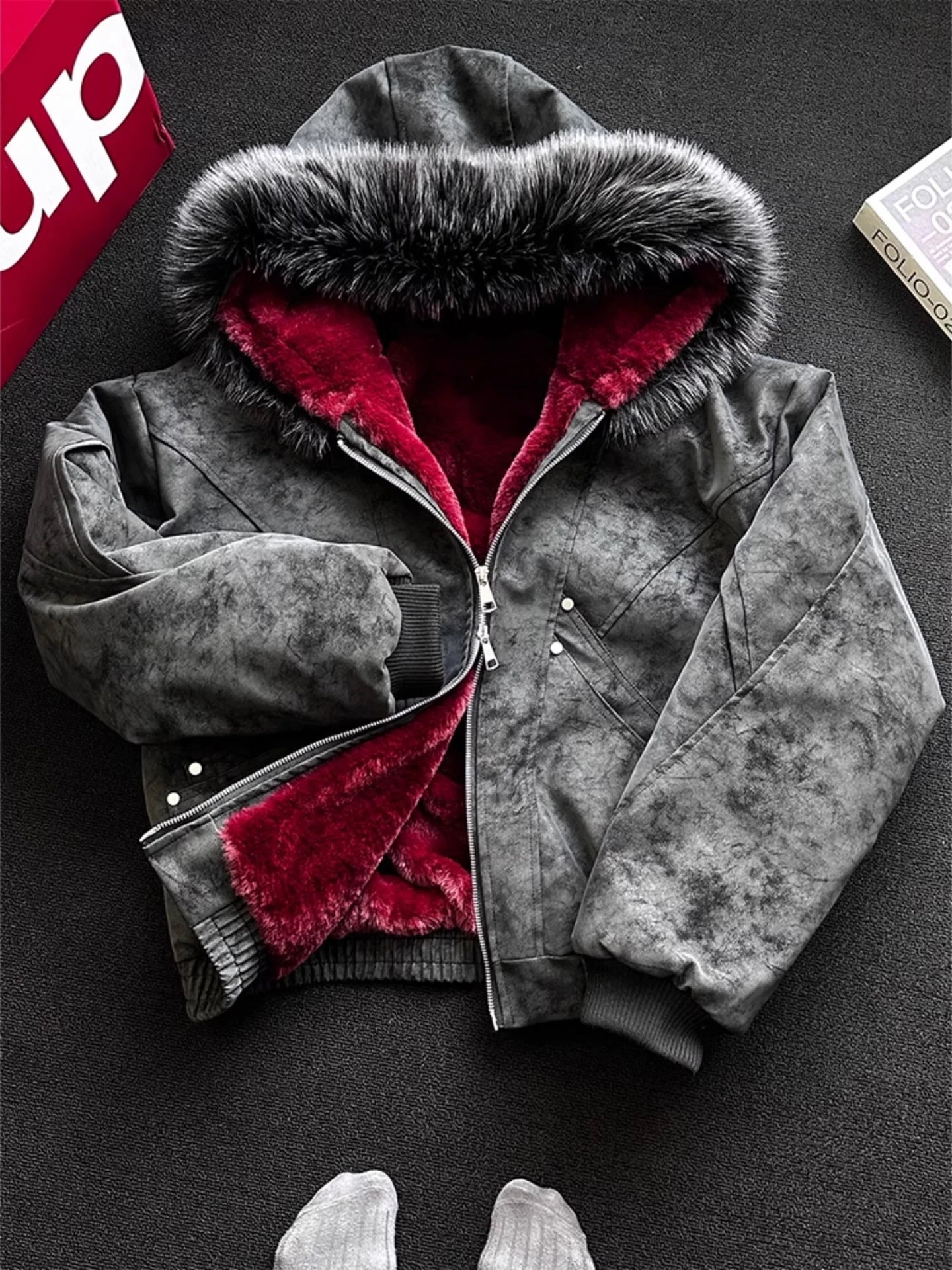 

Trendy American King Red Interior Mountain Eagle ort Cotton Jaet Men's Winter Thiened Fur Collar Hooded PU Leather Coat