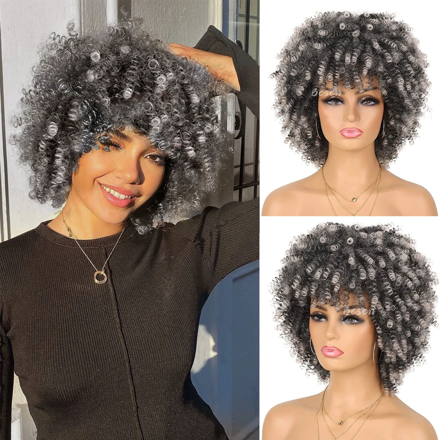 Syntetyczne peruki kręcone dla kobiet Ombre Grey Afro Bomb Curly Wig z grzywką Syntetyczne włókno Krótka peruka kręcona Codzienne użytkowanie na